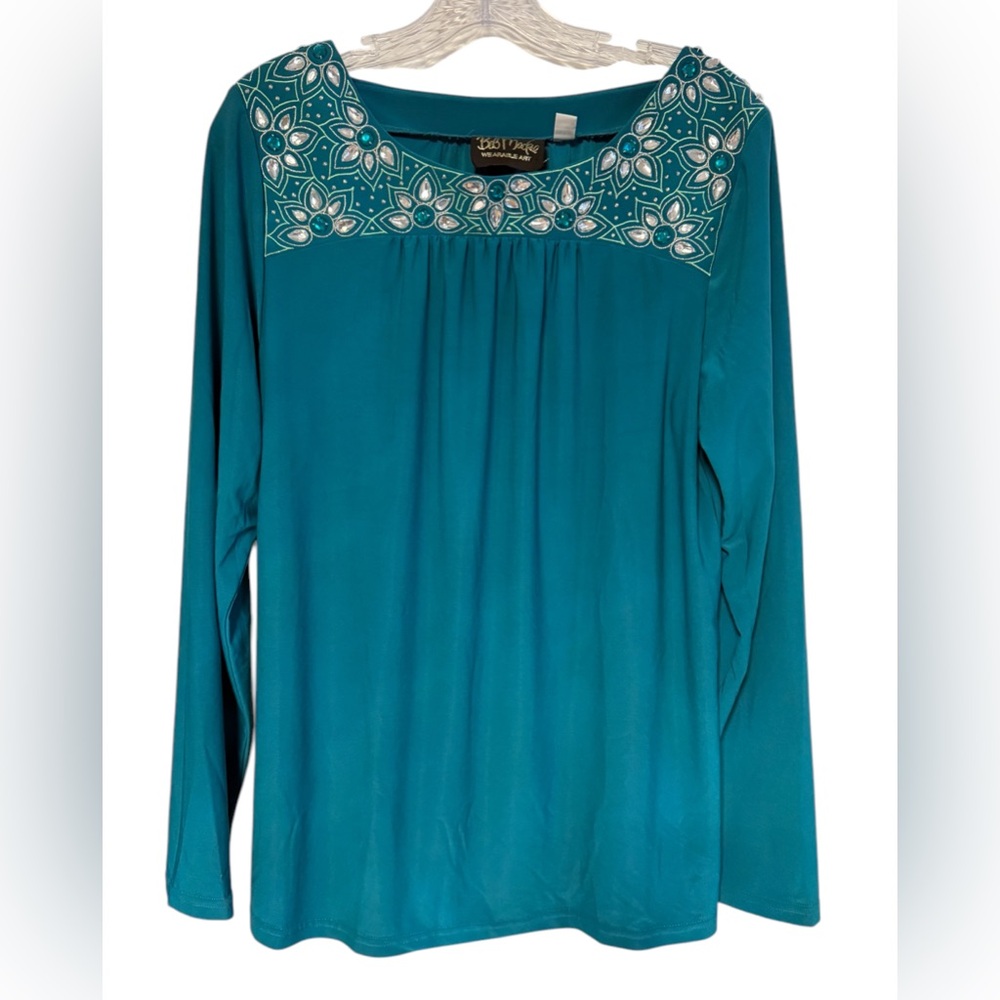 Bob Mackie Teal Embroidered Floral Jewel Women's Top M